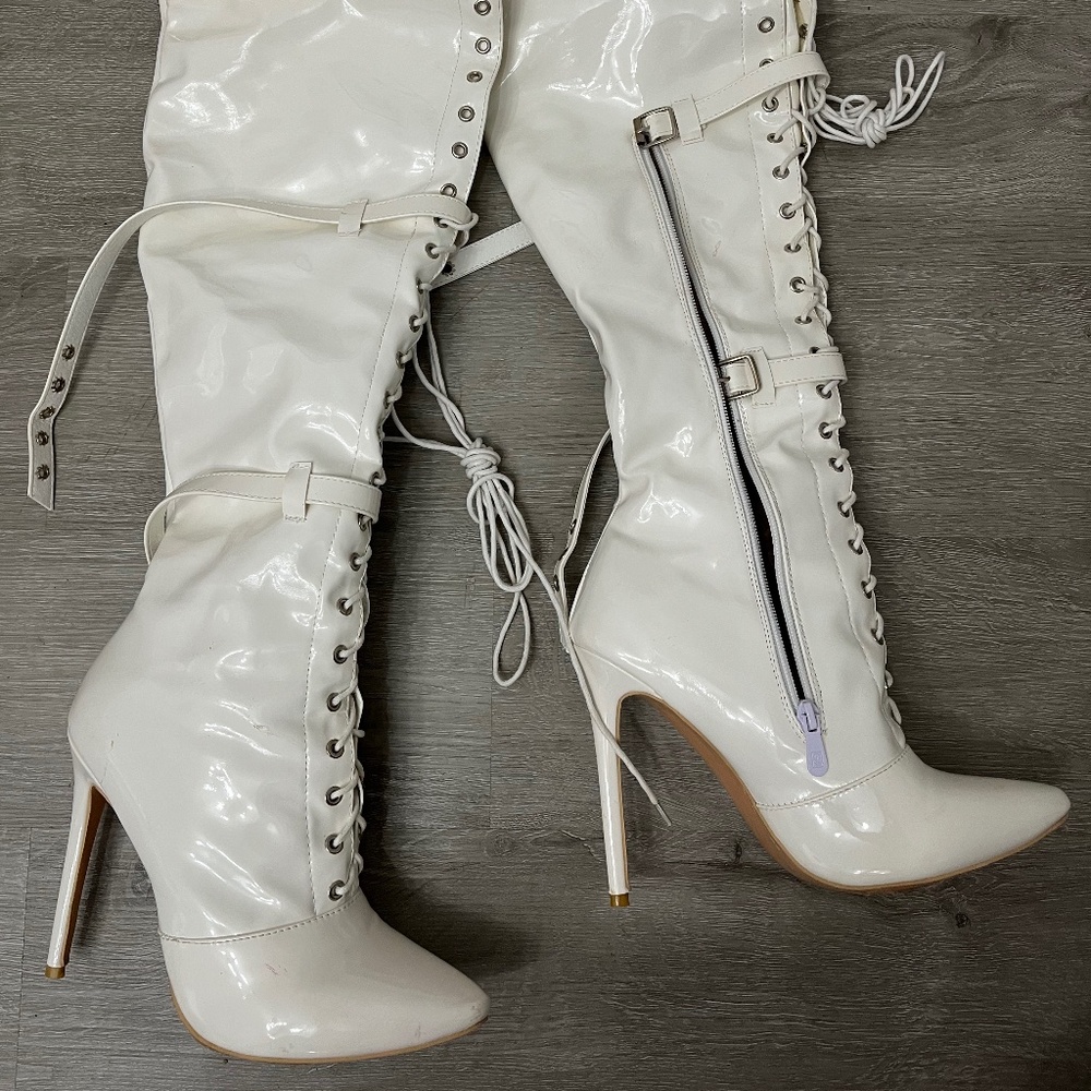 Stiletto thigh high patent boots 9 white (some crackling)